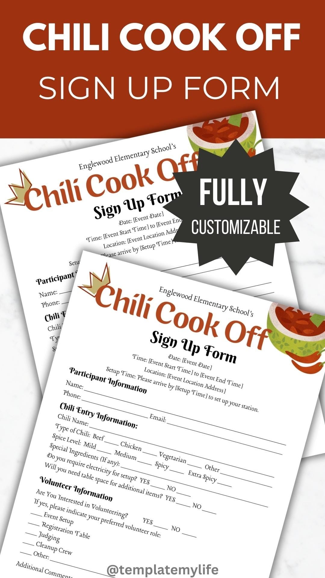 Chili Cook Off Flyer Invitation Sign Up Form PTO Template shown is fully customizable