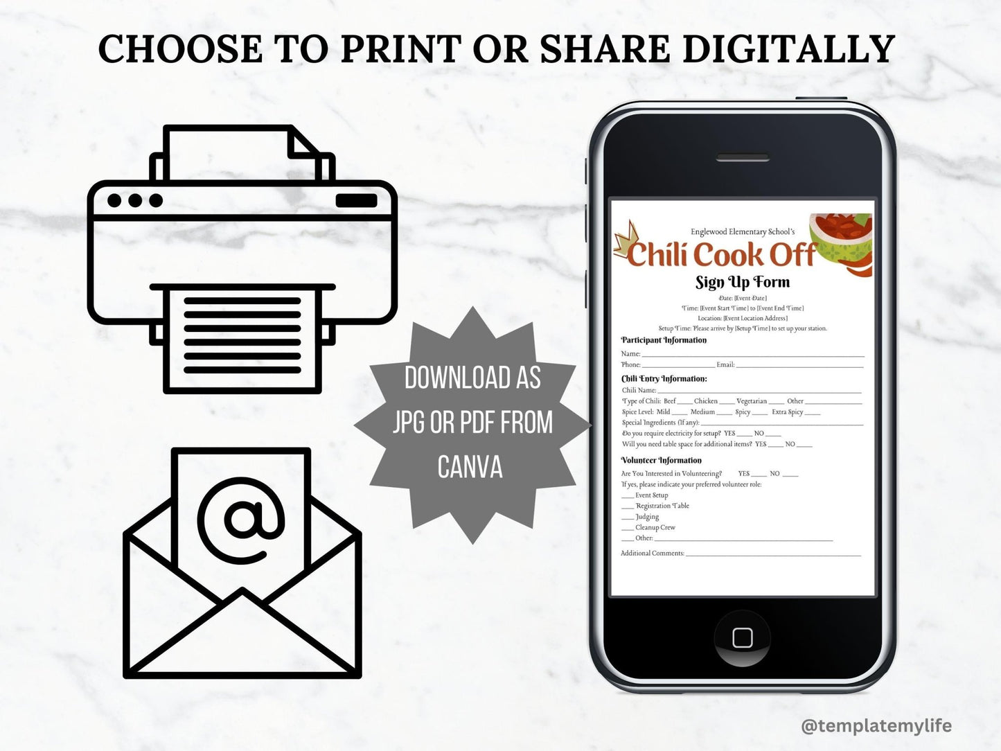 Chili Cook Off Flyer Invitation Sign Up Form PTO Template shown on a phone can be used printed or digital