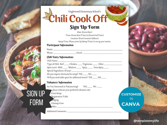 Chili Cook Off Flyer Invitation Sign Up Form PTO Template shown is customizable in canva and decorated with a chili bowl