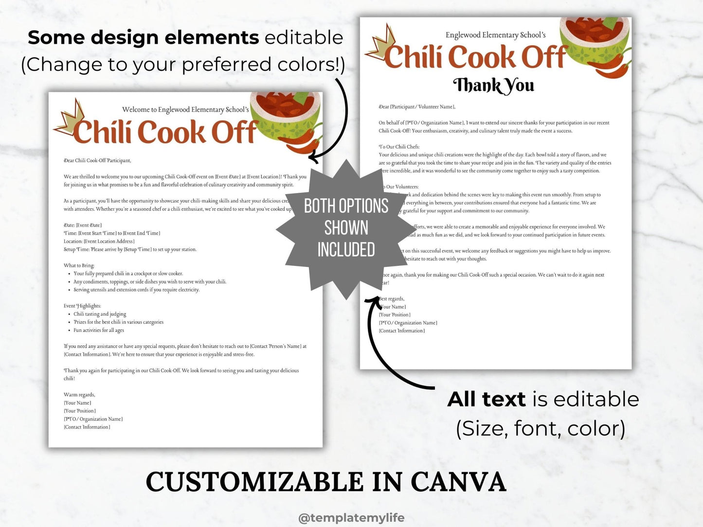 Chili Cook Off flyer Welcome and thank you letter template bundle shown comes with both options and is customizable in canva