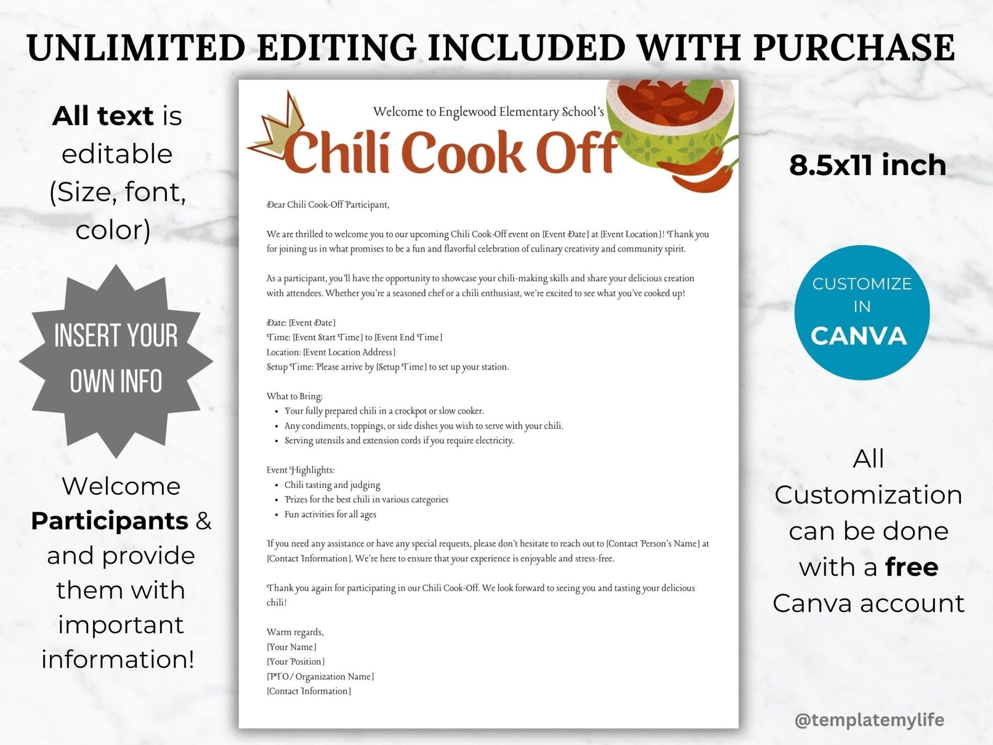 Chili Cook Off flyer Welcome Letter Template bundle comes as US letter size 8.5 x 11 inch