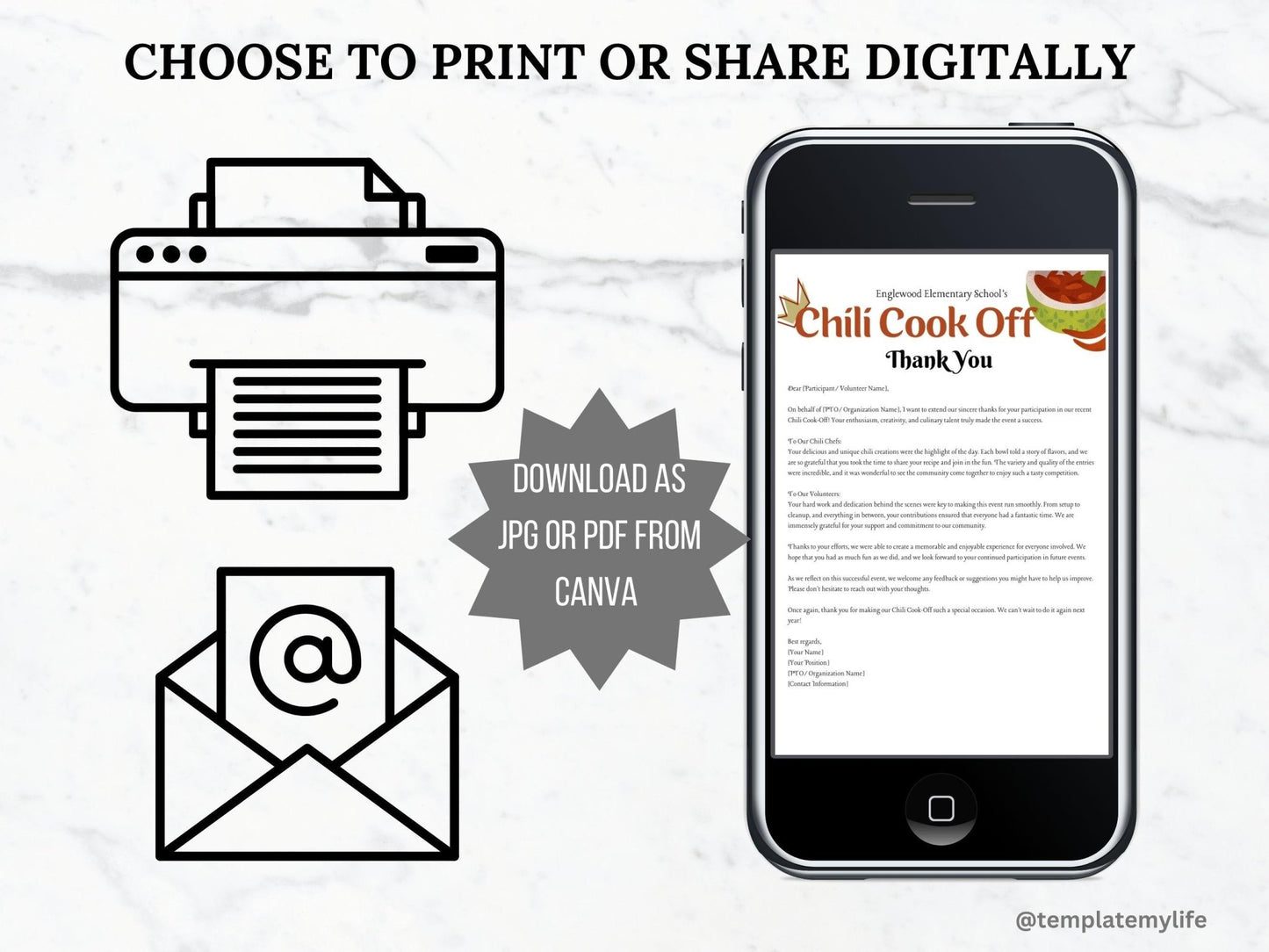 Chili Cook Off flyer thank you Letter Template shown on phone can be used printed or digital