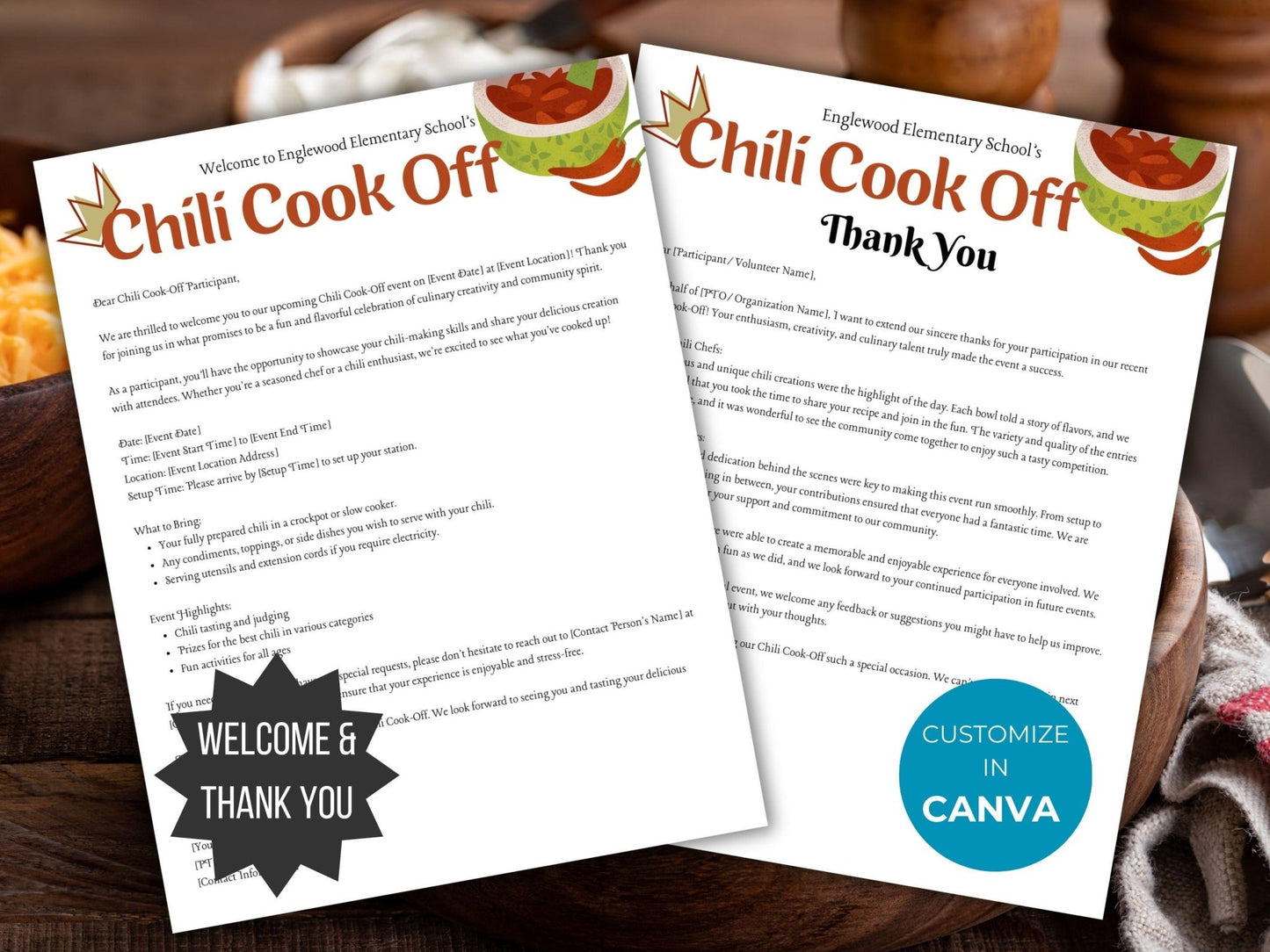 Chili Cook Off flyer Welcome Letter and thank you letter Template bundle customizable in canva