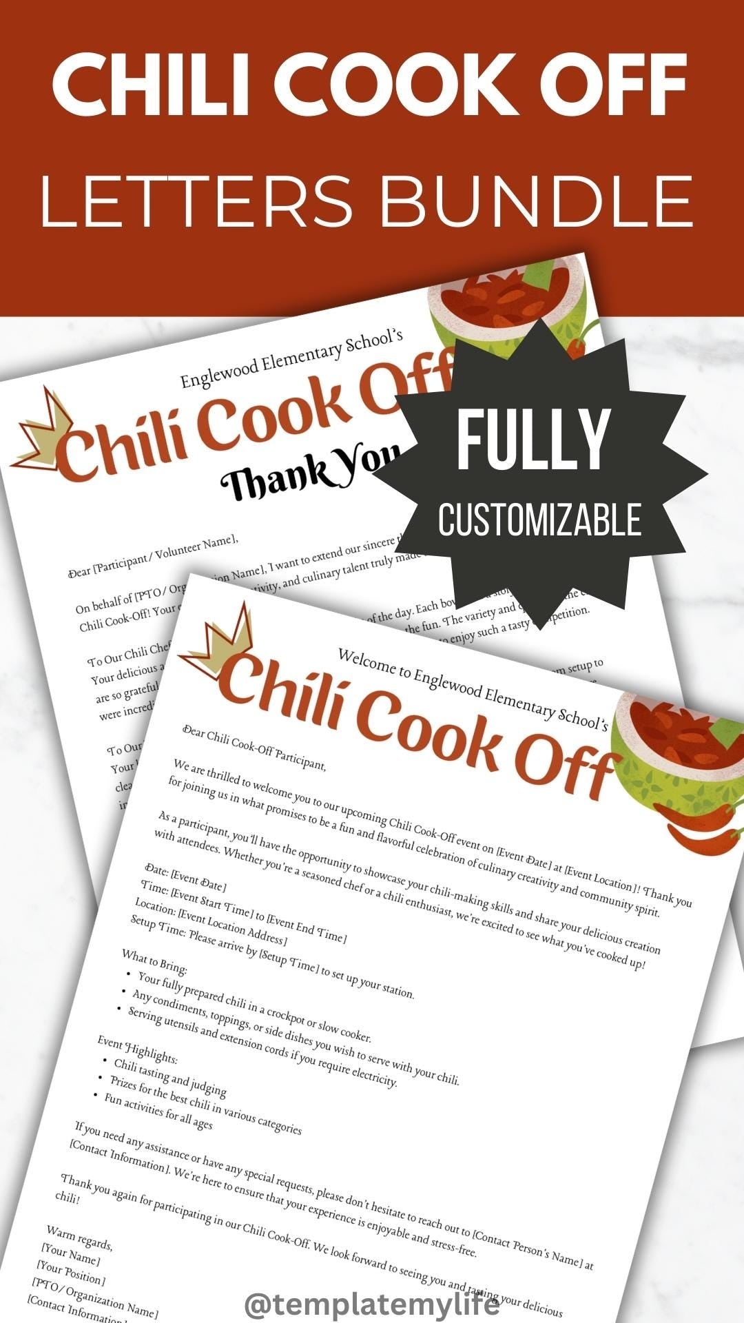 Chili Cook Off flyer Welcome and thank you Letter Template bundle shown is fully customizable