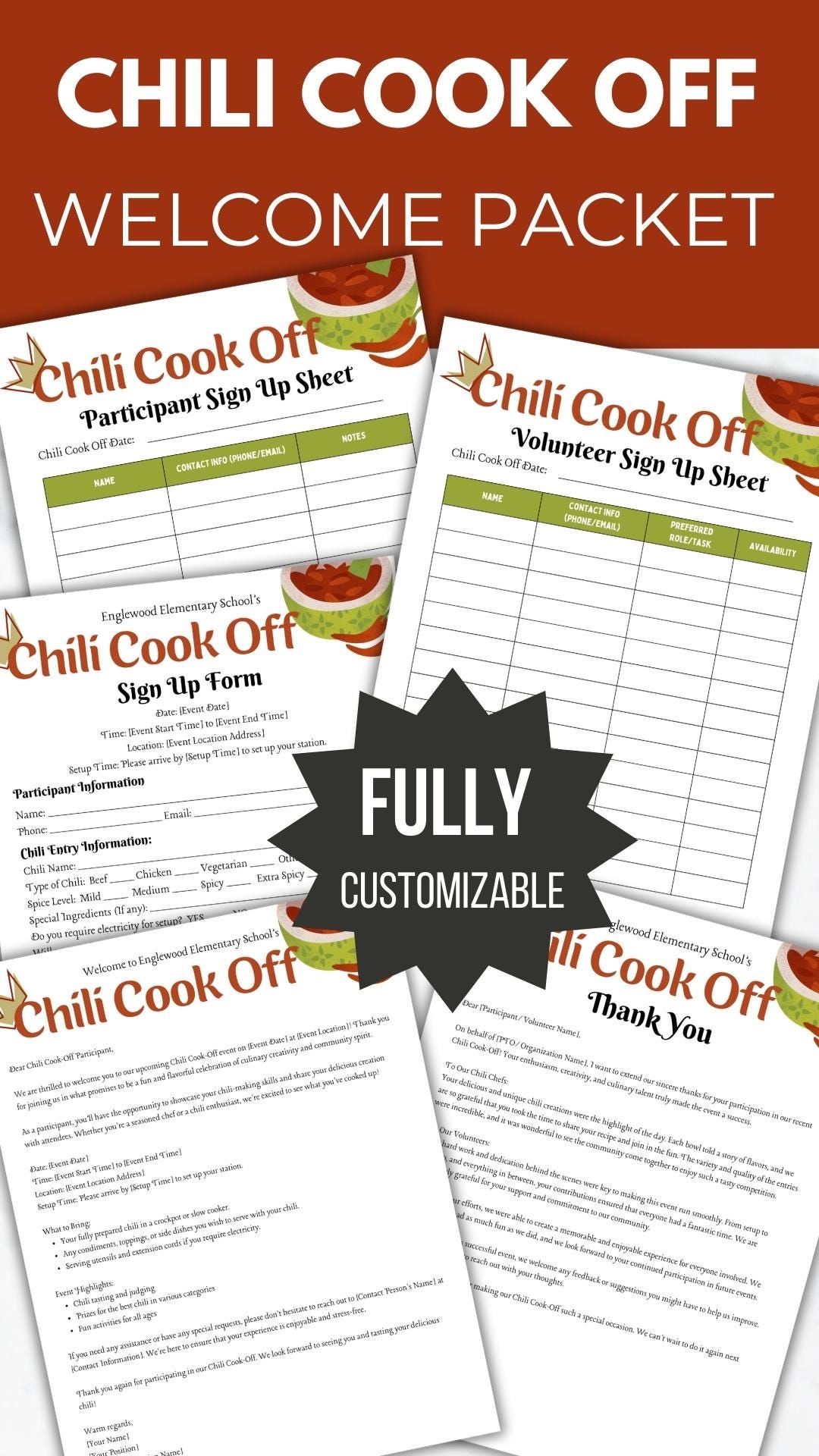 Chili Cook Off flyer Welcome Packet Template Bundle shown fully customizable