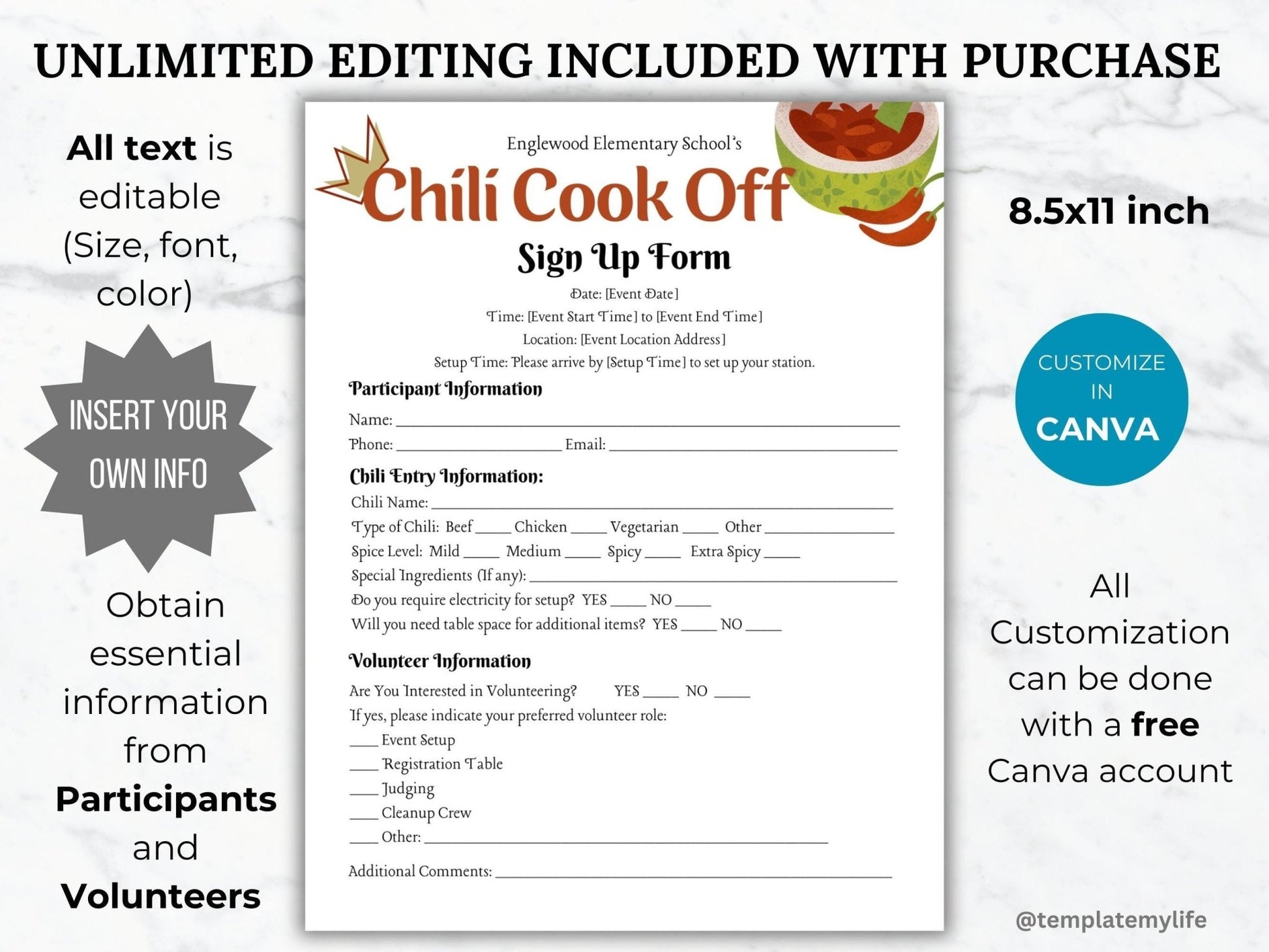 Chili Cook Off flyer Welcome Packet Template Bundle shown comes in US letter size 8.5 x 11 inch and all text is customizable with a free canva account