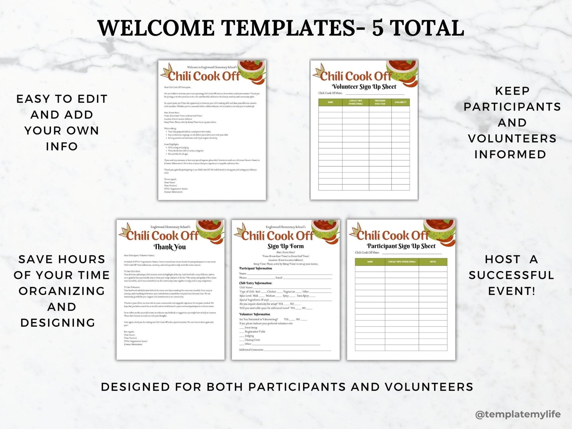 Welcome templates shown included are welcome letter, thank you letter, sign up form, sign up sheets for participants and volunteers