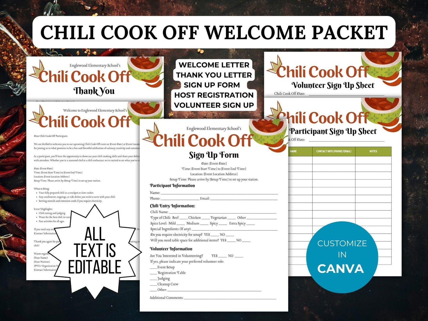 Chili Cook Off flyer Welcome Packet Template Bundle PTO Fall Party planning PTA School fall festival Cook-off event planner sign up forms