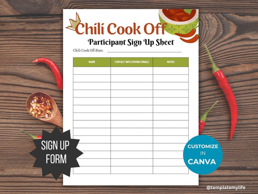 Chili Cook Off Flyer template PTO Participant Registration Sign Up Sheet shown customizable in canva and decorated with a bowl of chili in colors brown, red and green