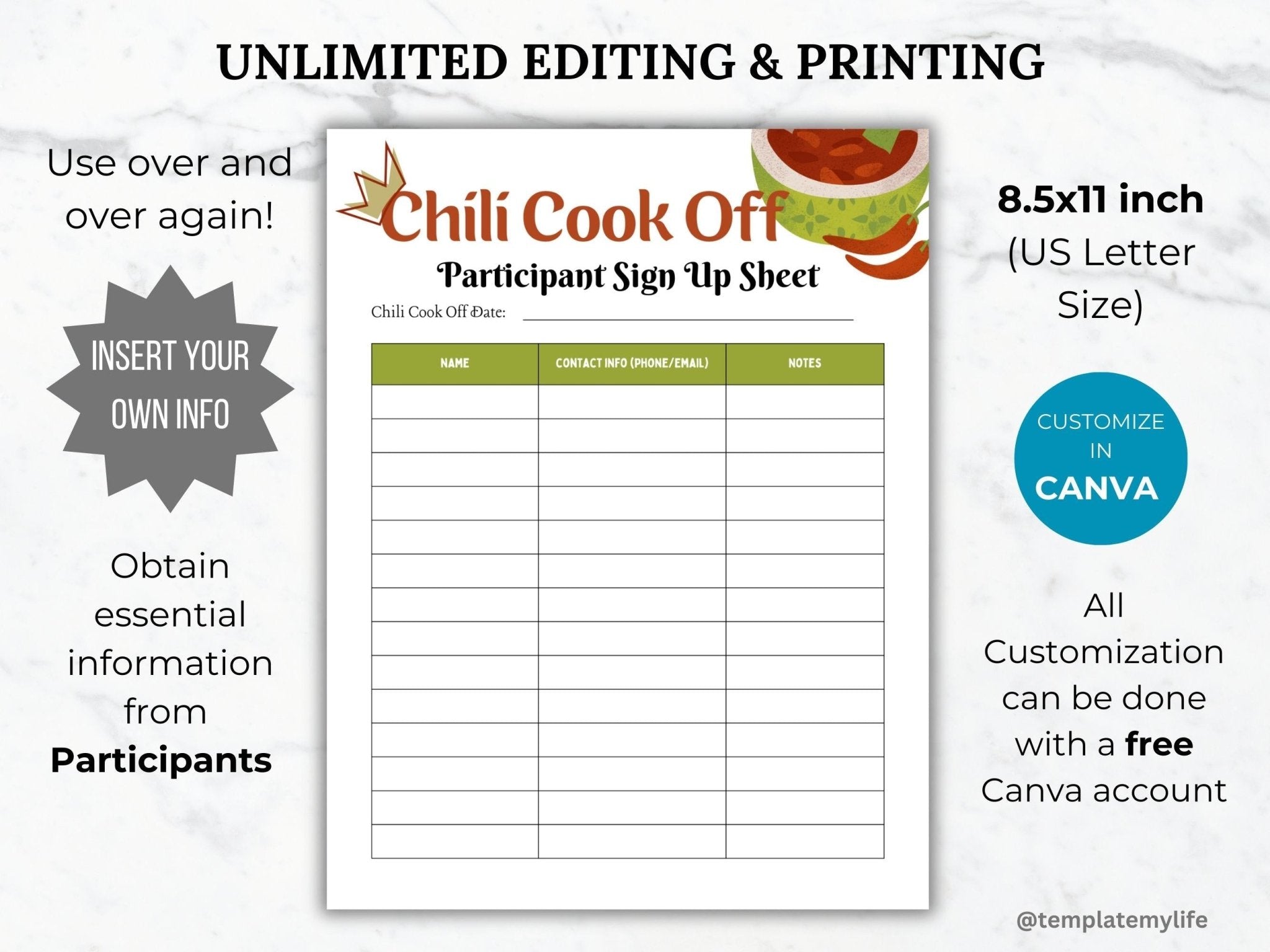 Chili Cook Off Participant Registration Sign Up Sheet Flyer Template ...