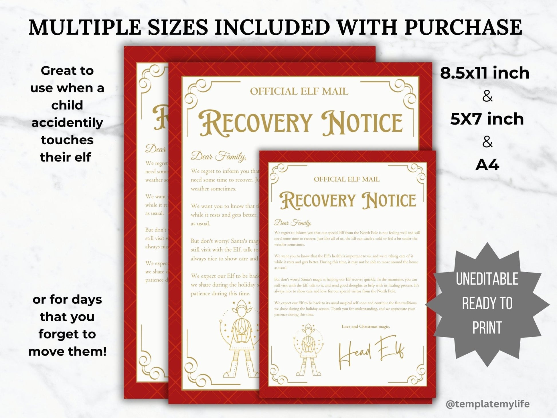 Elf Recovery Letter printable Elf Mail Santa letter Elf arrival Christmas tradition kid activity Elf Letter template north pole mail Elf kit