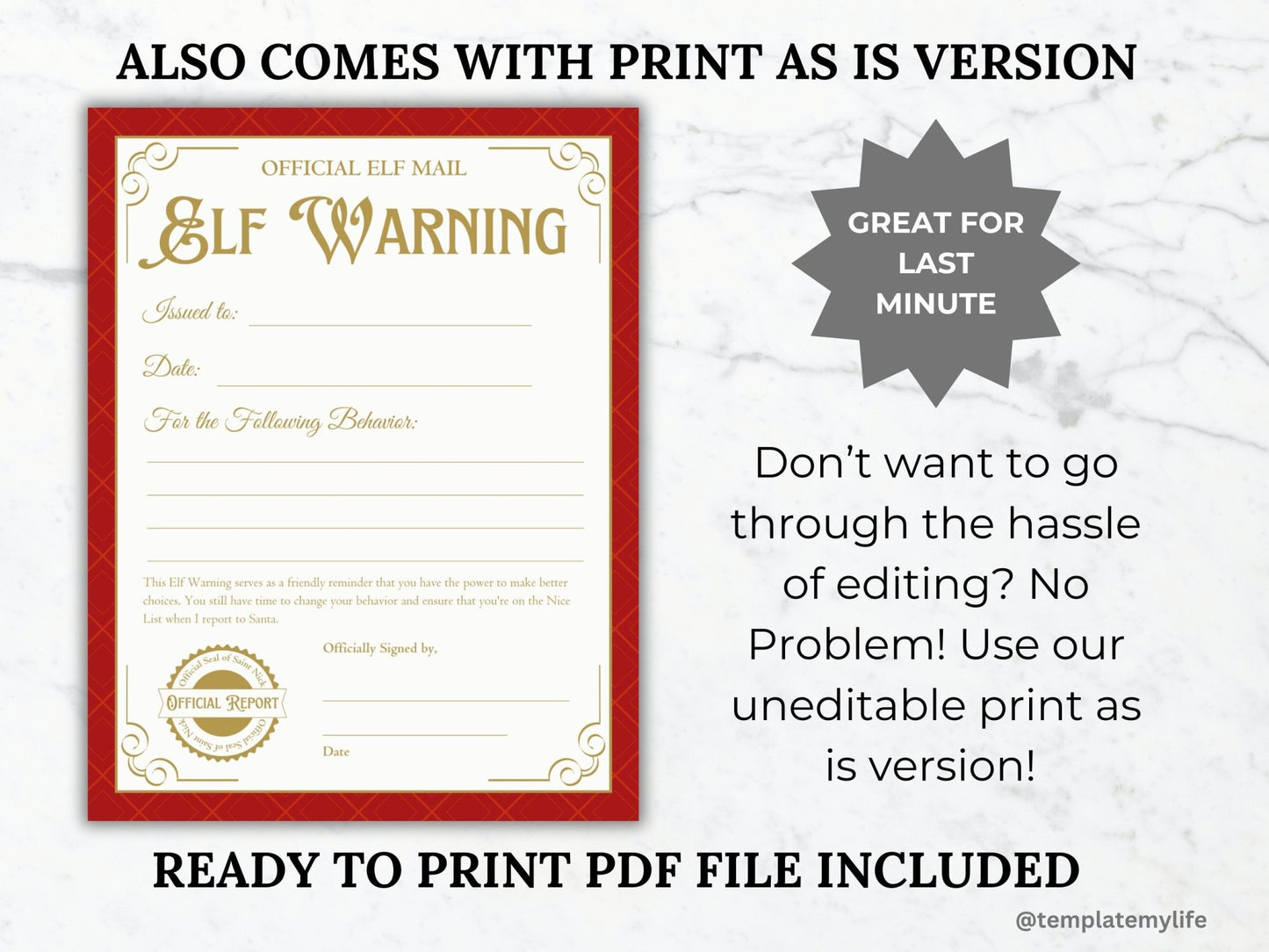 Letter from Elf printable Christmas tradition Elf Warning Letter north pole mail Elf Behavior Report template Elf mail Santa letter Elf kit