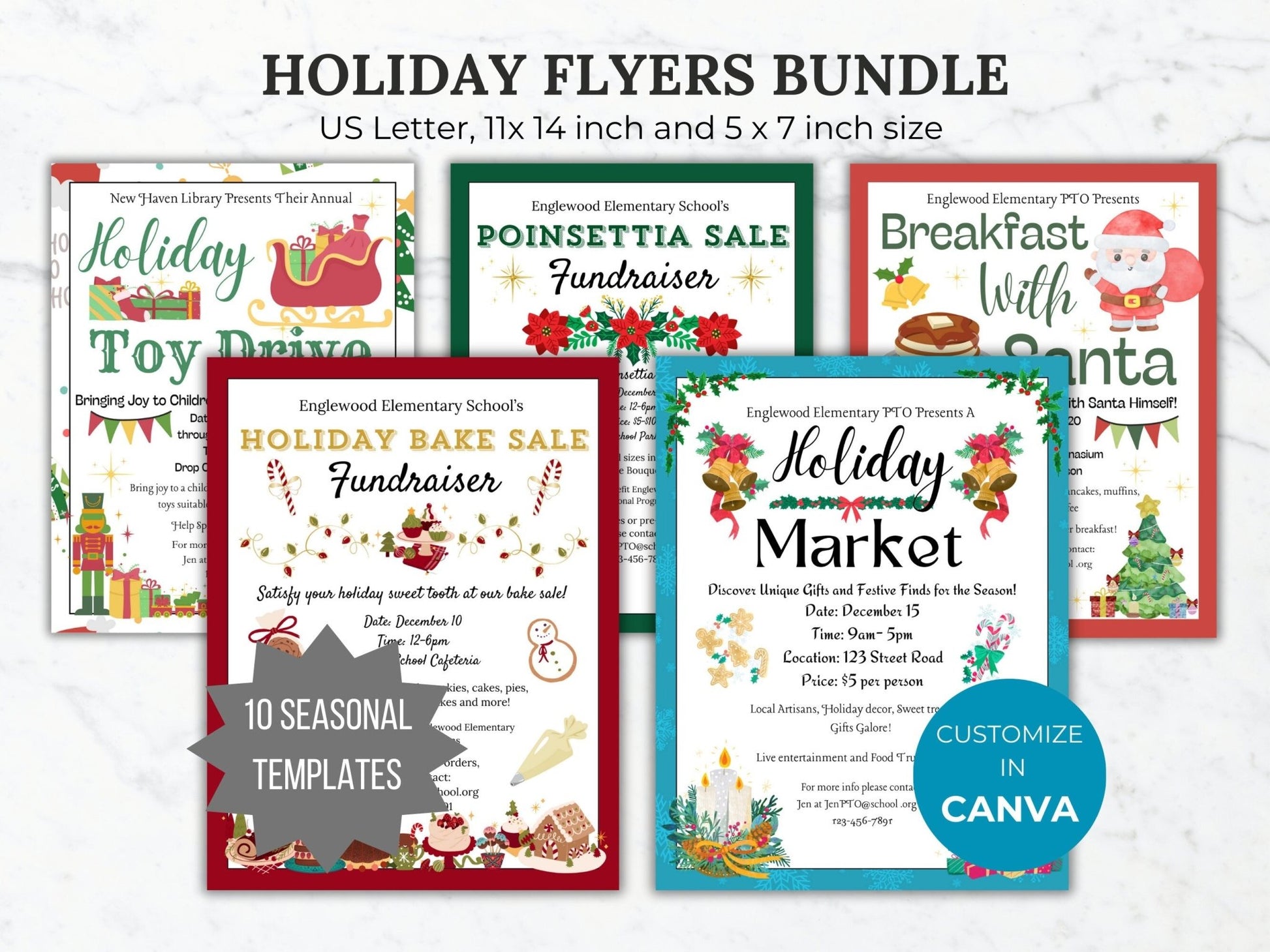 Christmas Fundraiser flyer editable template bundle charity bake sale printable church fundraising toy drive sign library book fair flyer