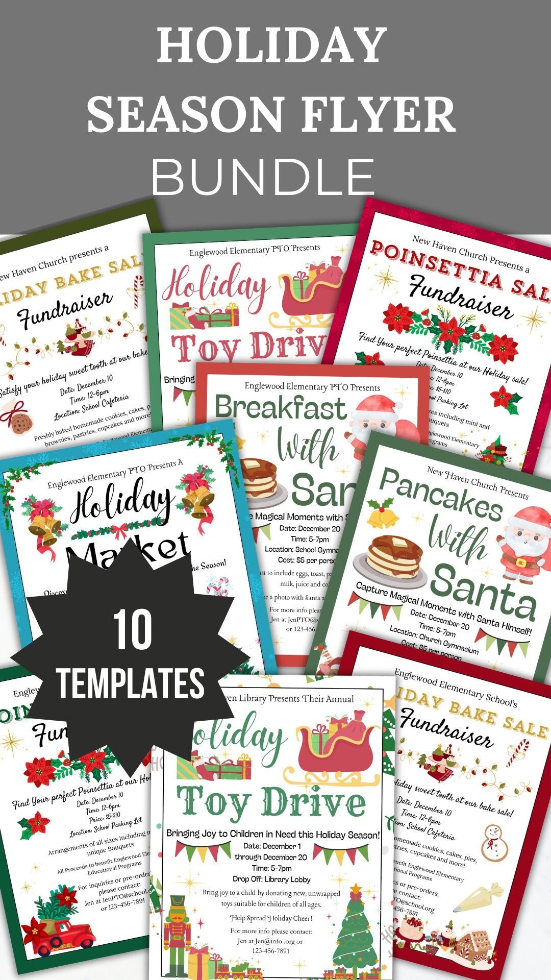 Christmas Fundraiser flyer editable template bundle charity bake sale printable church fundraising toy drive sign library book fair flyer