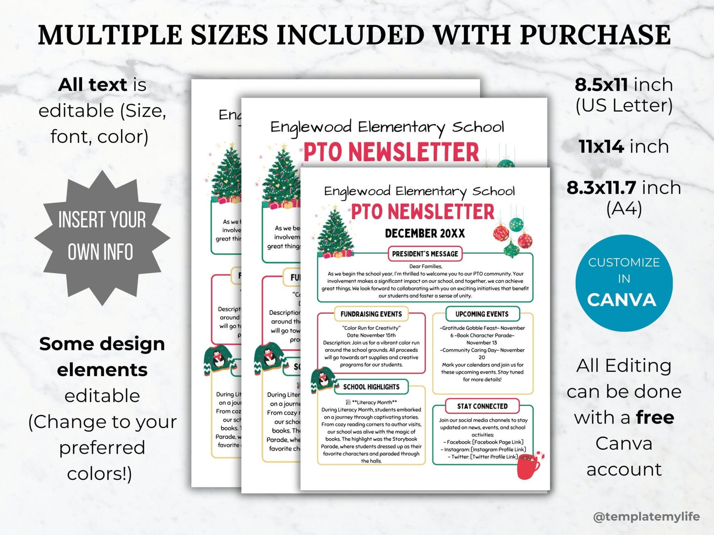 December Newsletter Flyer Printable PTO PTA School Newsletter template preschool holiday newsletter DayCare Christmas newsletter pto handout