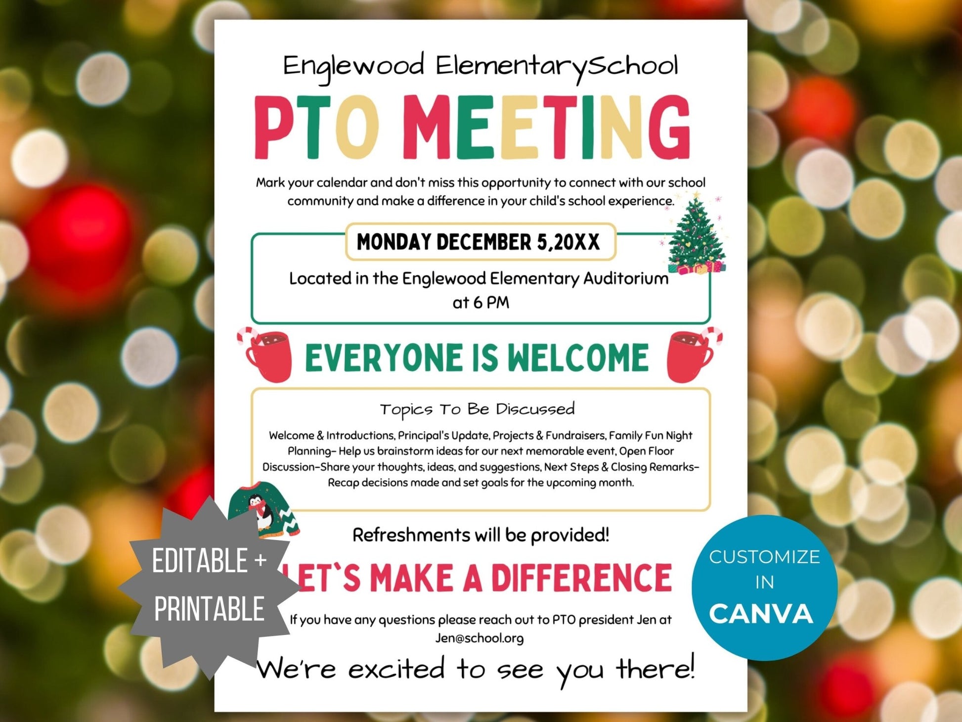 Christmas PTA Meeting Flyer Printable PTO Winter Meeting Flyer editable template pta December Meeting flyer Holiday pta meeting pto sign