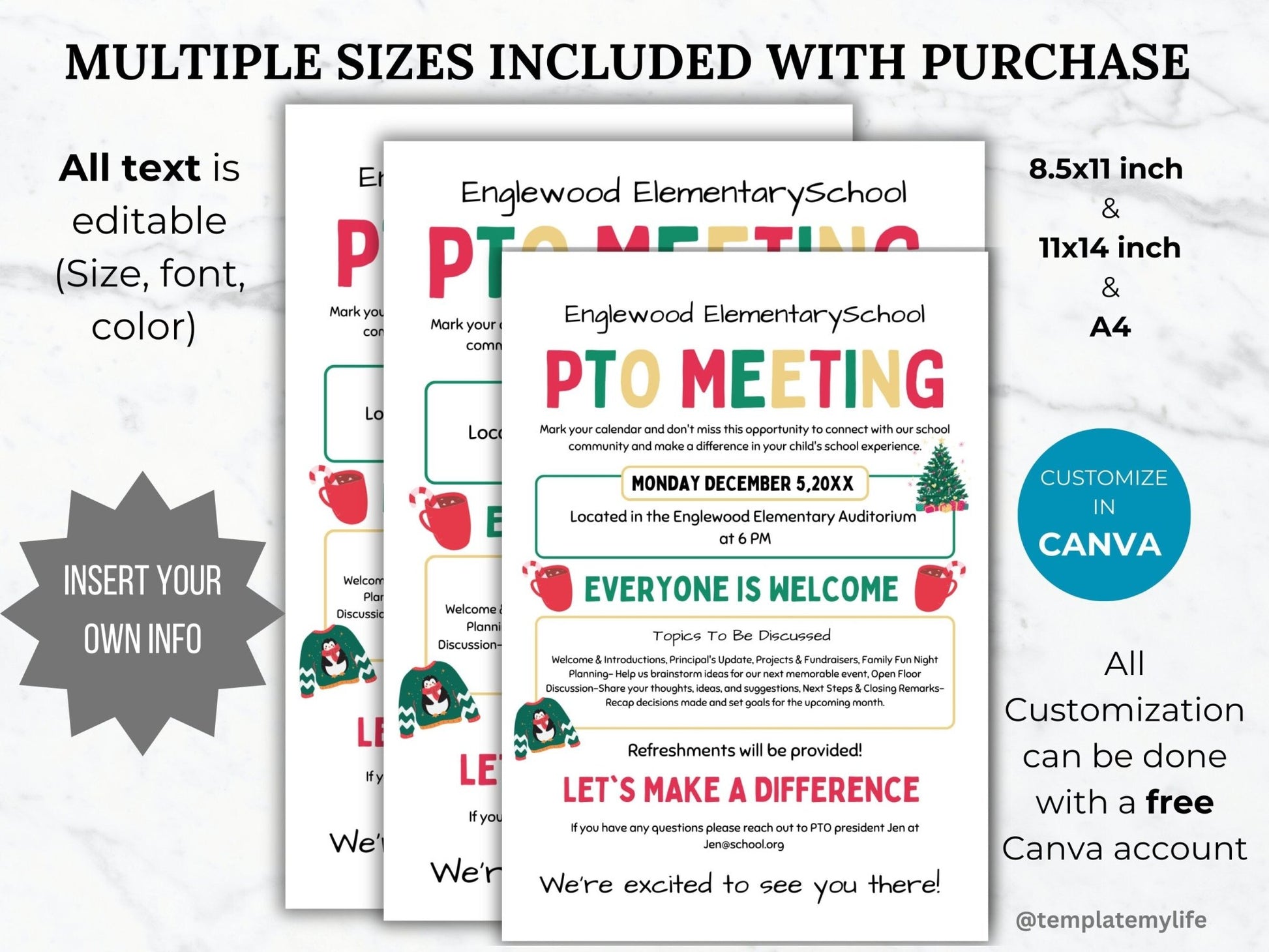 Christmas PTA Meeting Flyer Printable PTO Winter Meeting Flyer editable template pta December Meeting flyer Holiday pta meeting pto sign