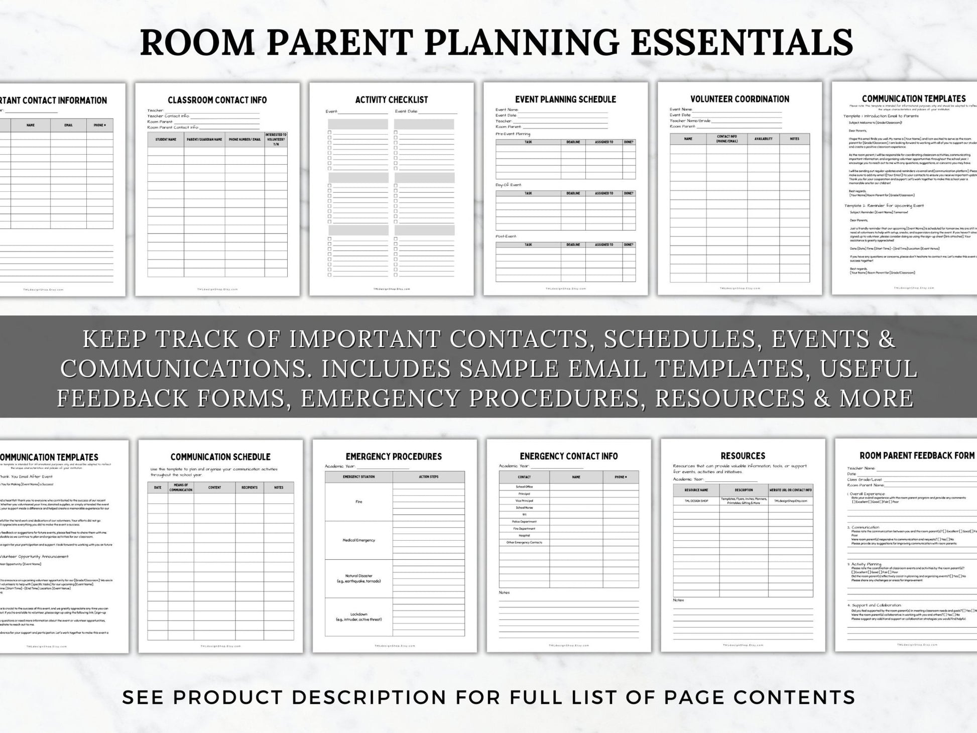 photos of other room parent planning essentials included in this planner to help keep track of important contacts, schedules, events and communications such as email templates, feedback forms, emergency procedures, resources and more