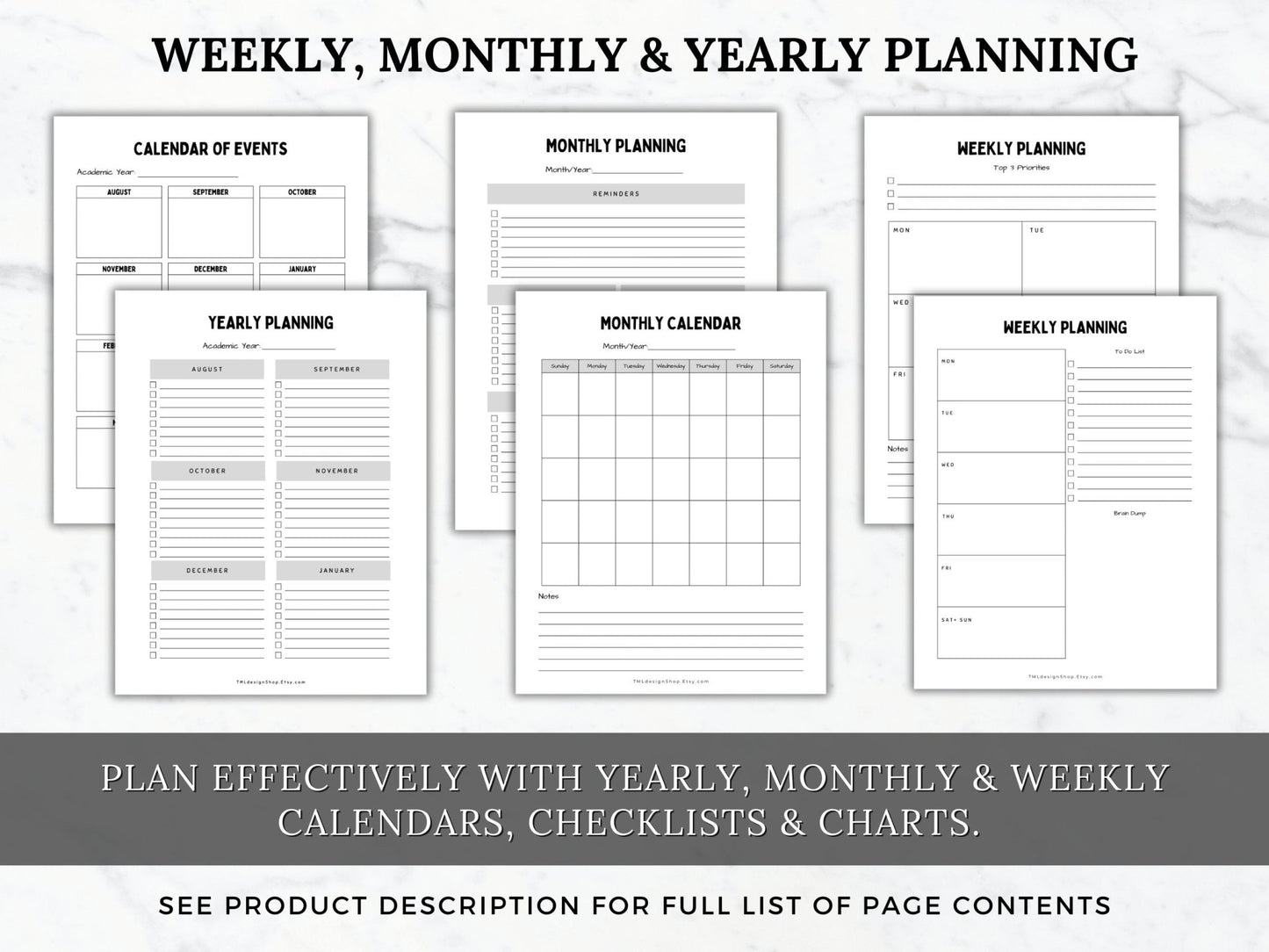 photos of weekly, monthly and yearly planning sheets that include calendars, checklists and charts included in this classroom parent planner printable