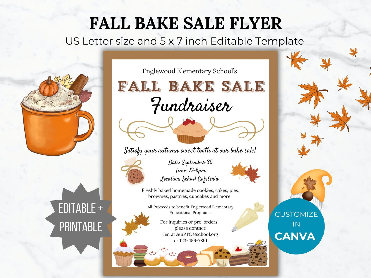 Fall Bake Sale Fundraiser Flyer Template Bake Sale Flyer Editable Fall School event Handout PTA Flyer School Fundraiser Flyer PTO template