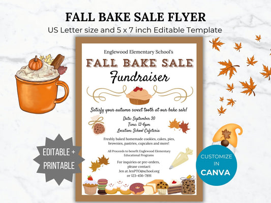 Fall Bake Sale Fundraiser Flyer Template Bake Sale Flyer Editable Fall School event Handout PTA Flyer School Fundraiser Flyer PTO template