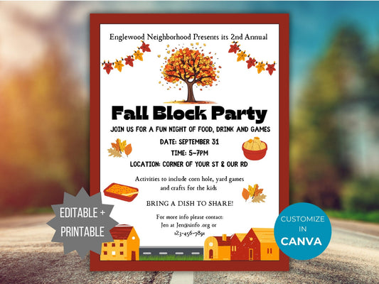 Fall Block Party Flyer Template Autumn Block Party event invite Editable Fall Community event Flyer Fall Neighborhood Block Party HOA Flyer