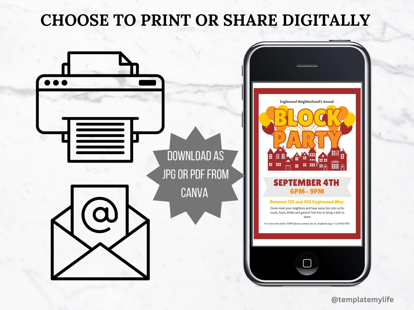 Thanksgiving Block Party Flyer Template shown on a phone can be used printed or digital