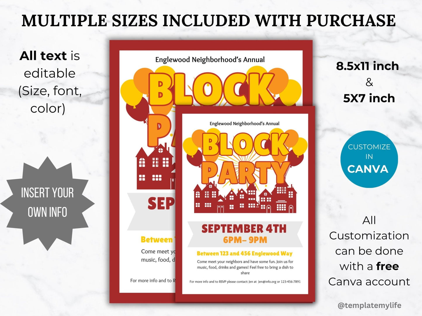 Thanksgiving Block Party Flyer Template comes in multiple sizes US letter size 8.5 x 11 inch and 5 x 7 inch all text is customizable with a free canva account