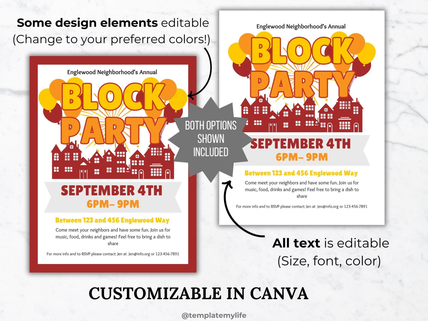 Thanksgiving Block Party Flyer Template shown with border and without border all text and design elements are customizable in canva