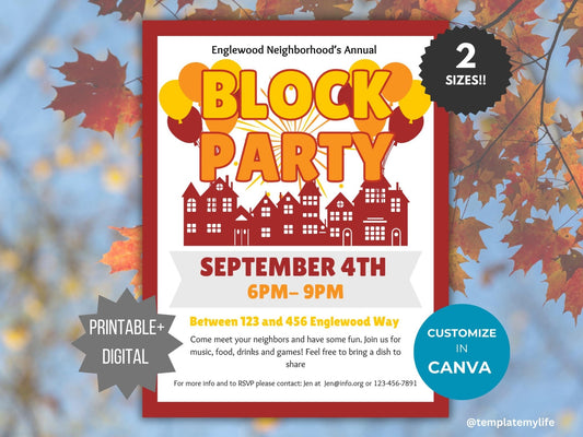 Thanksgiving Block Party Flyer Template decorated in brown, orange and yellow customizable and printable