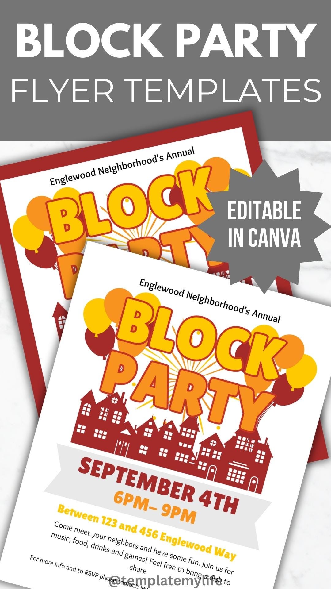 Thanksgiving Block Party Flyer Template shown with a border and without a border and is editable in canva