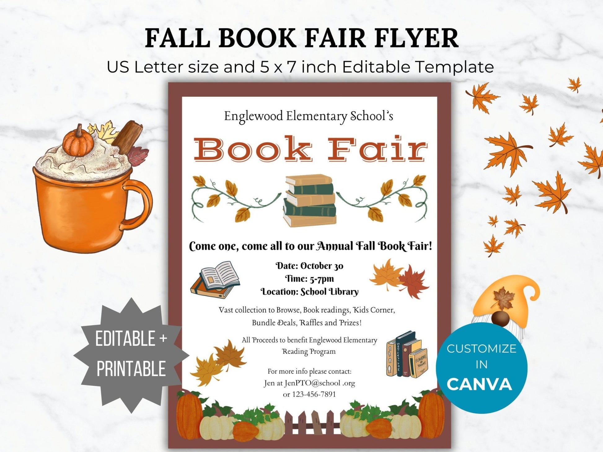 Fall Book Fair Flyer Template Book Sale Flyer Editable Fall School event Flyer School Fundraiser Flyer printable Fall Church Event PTA Flyer