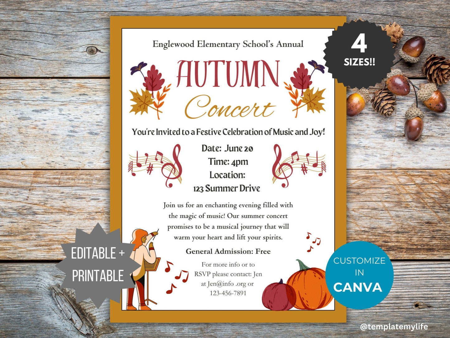 Fall Concert flyer Template PTO Fall Recital invitation Music festival poster School Music event PTA Flyer printable Fall Event invite flyer