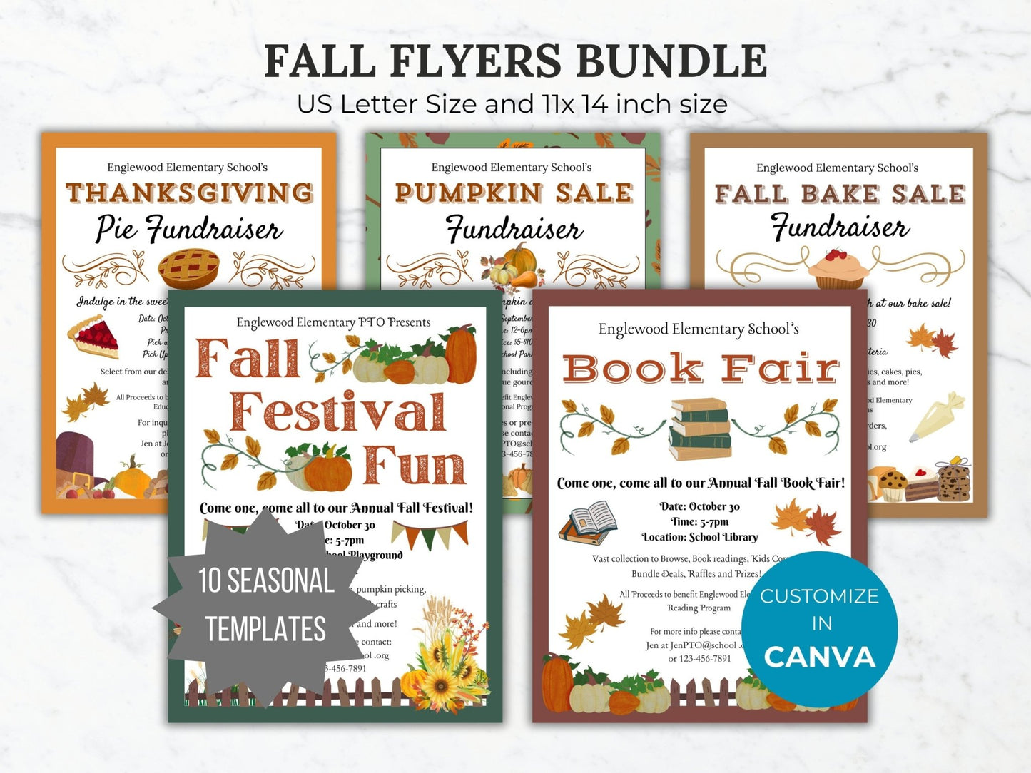 Autumn Fundraiser flyer editable template bundle community bake sale printable church fundraising fall festival sign library book fair flyer