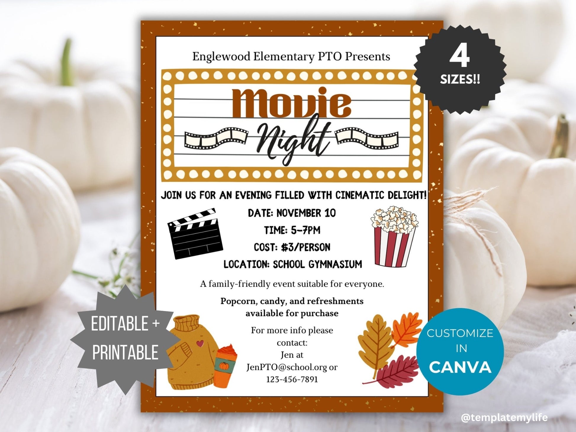 Fall Movie Night invitation PTO template school autumn fundraiser PTA flyer family movie night party flyer September community event invite