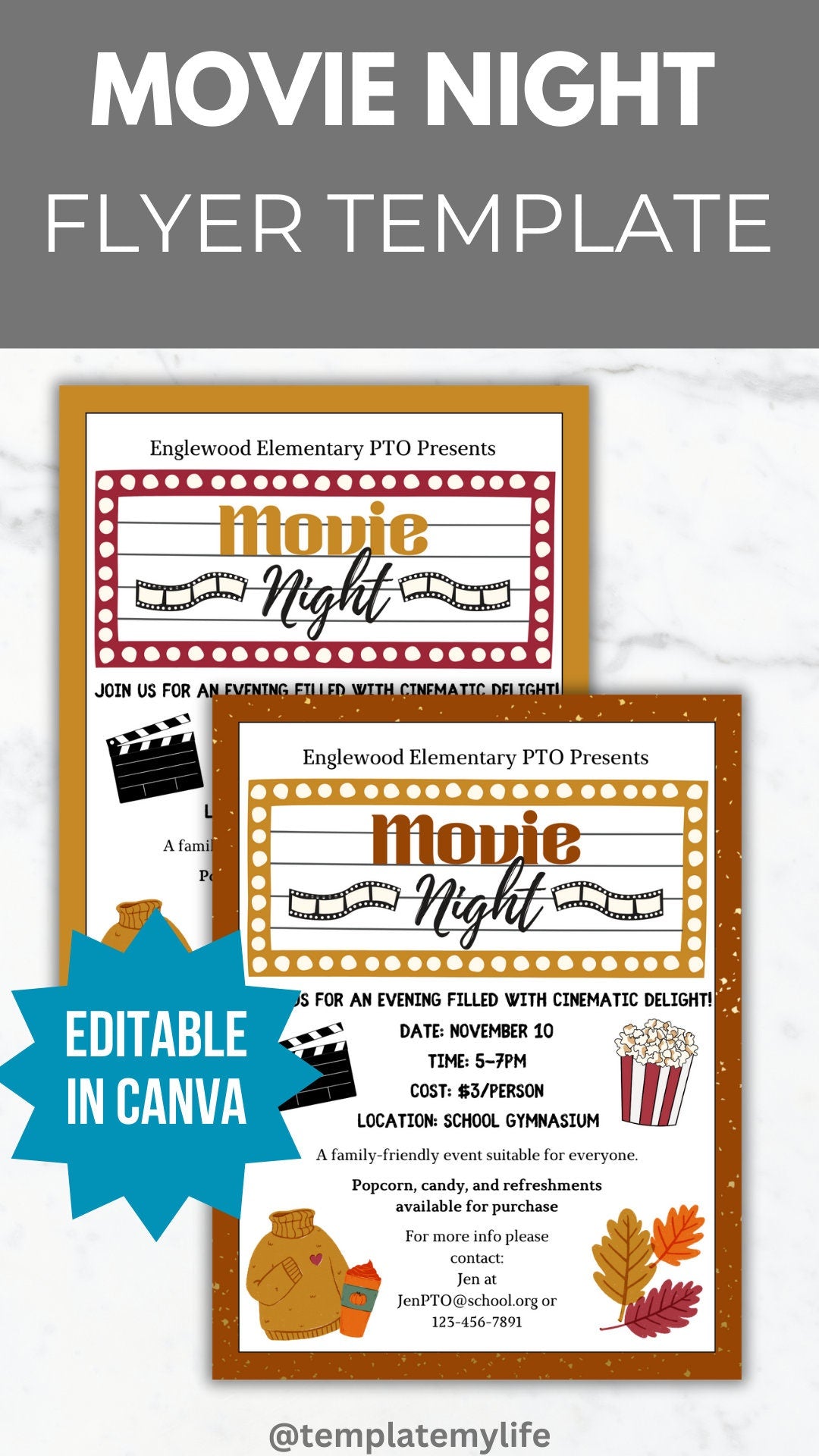 Fall Movie Night invitation PTO template school autumn fundraiser PTA flyer family movie night party flyer September community event invite