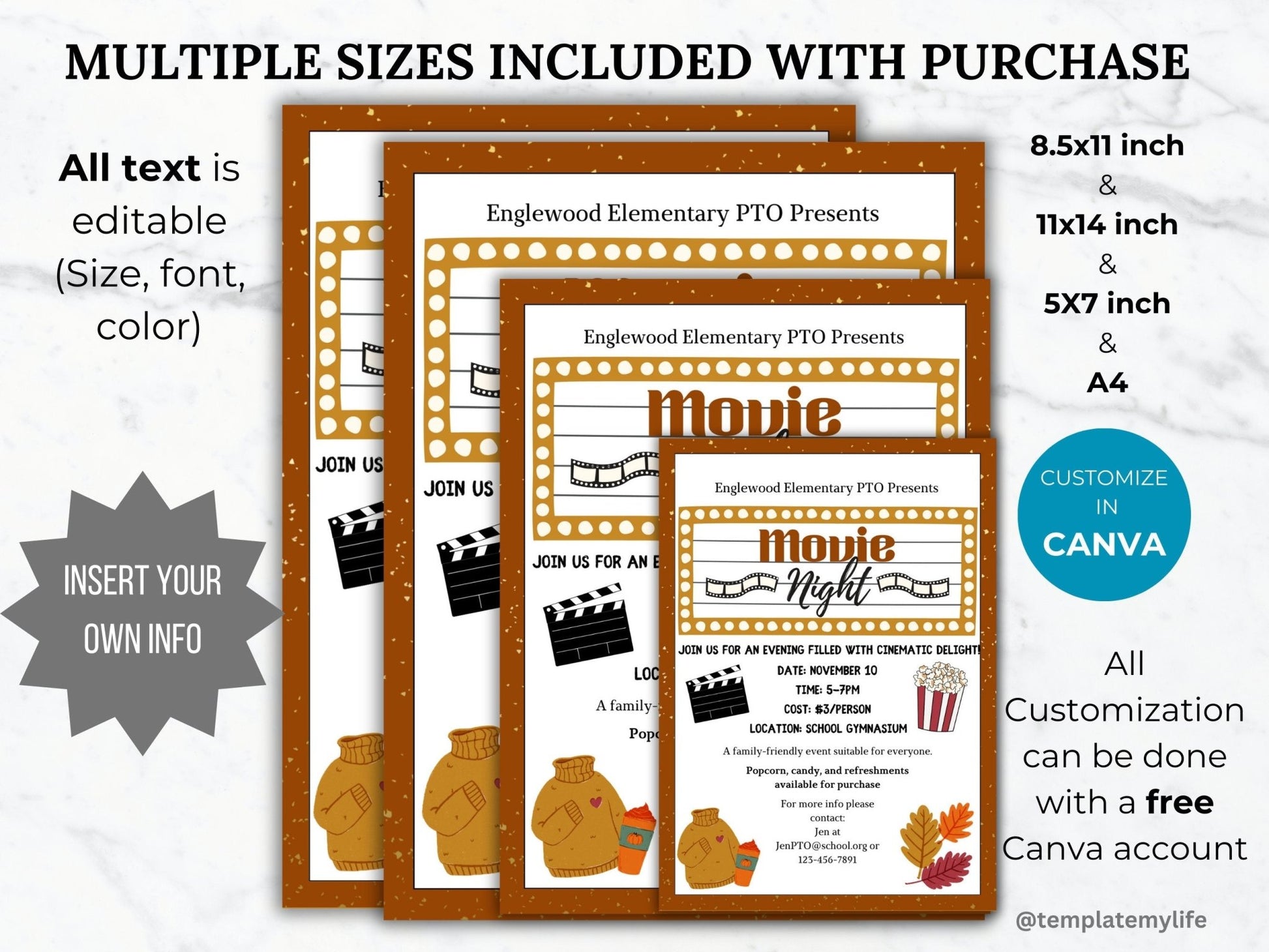 Fall Movie Night invitation PTO template school autumn fundraiser PTA flyer family movie night party flyer September community event invite