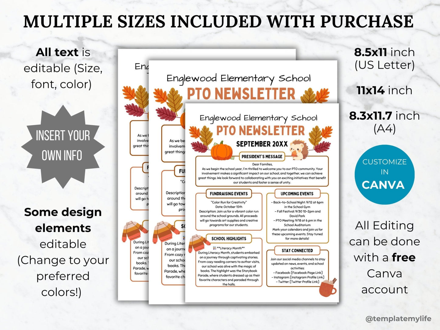 PTA Fall Newsletter Flyer Printable PTO School Newsletter Flyer editable template school autumn flyer pta September newsletter pto handout