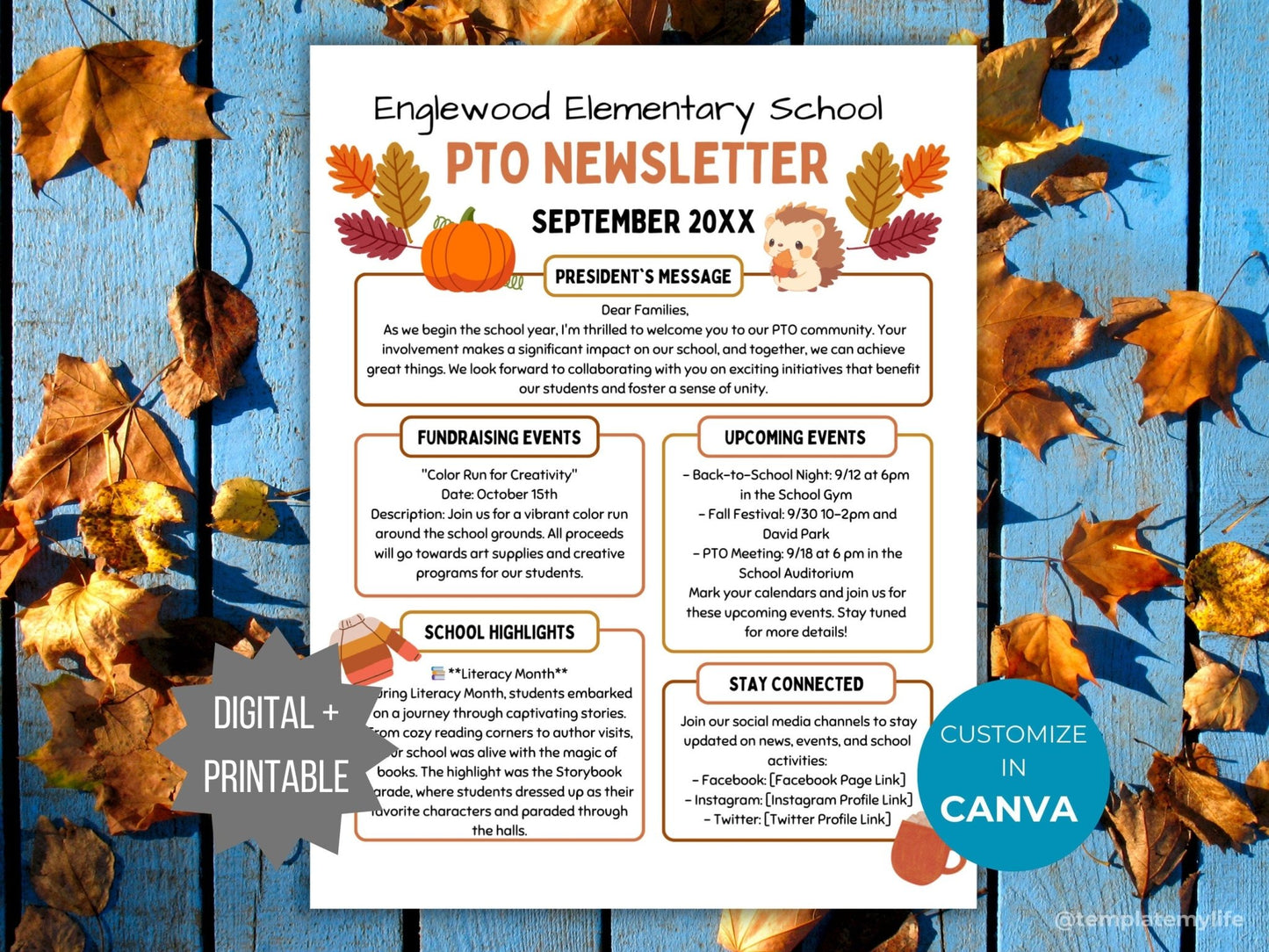 PTA Fall Newsletter Flyer Printable PTO School Newsletter Flyer editable template school autumn flyer pta September newsletter pto handout