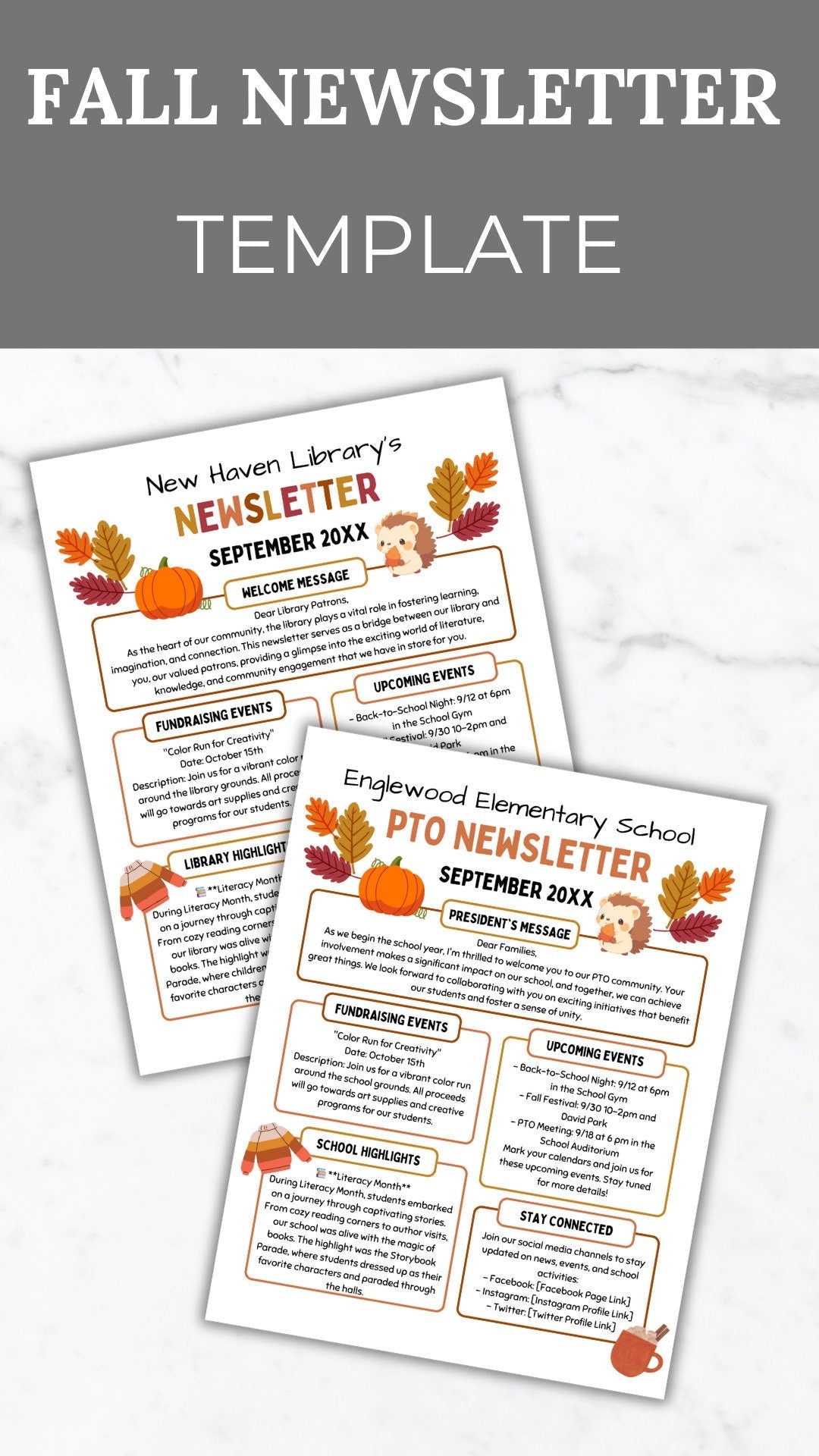 PTA Fall Newsletter Flyer Printable PTO School Newsletter Flyer editable template school autumn flyer pta September newsletter pto handout