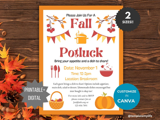 Fall Potluck Invitation template dinner party invite flyer autumn office party invitation potluck flyer work luncheon invite church flyer