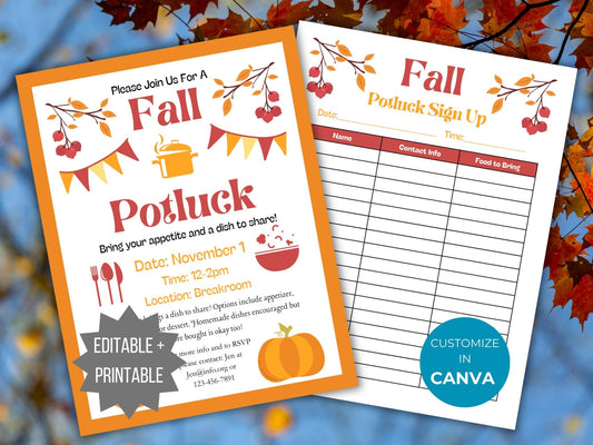 Fall Potluck Invite template Autumn Potluck sign up sheet thanksgiving party flyer neighborhood party invitation dinner signup form bundle