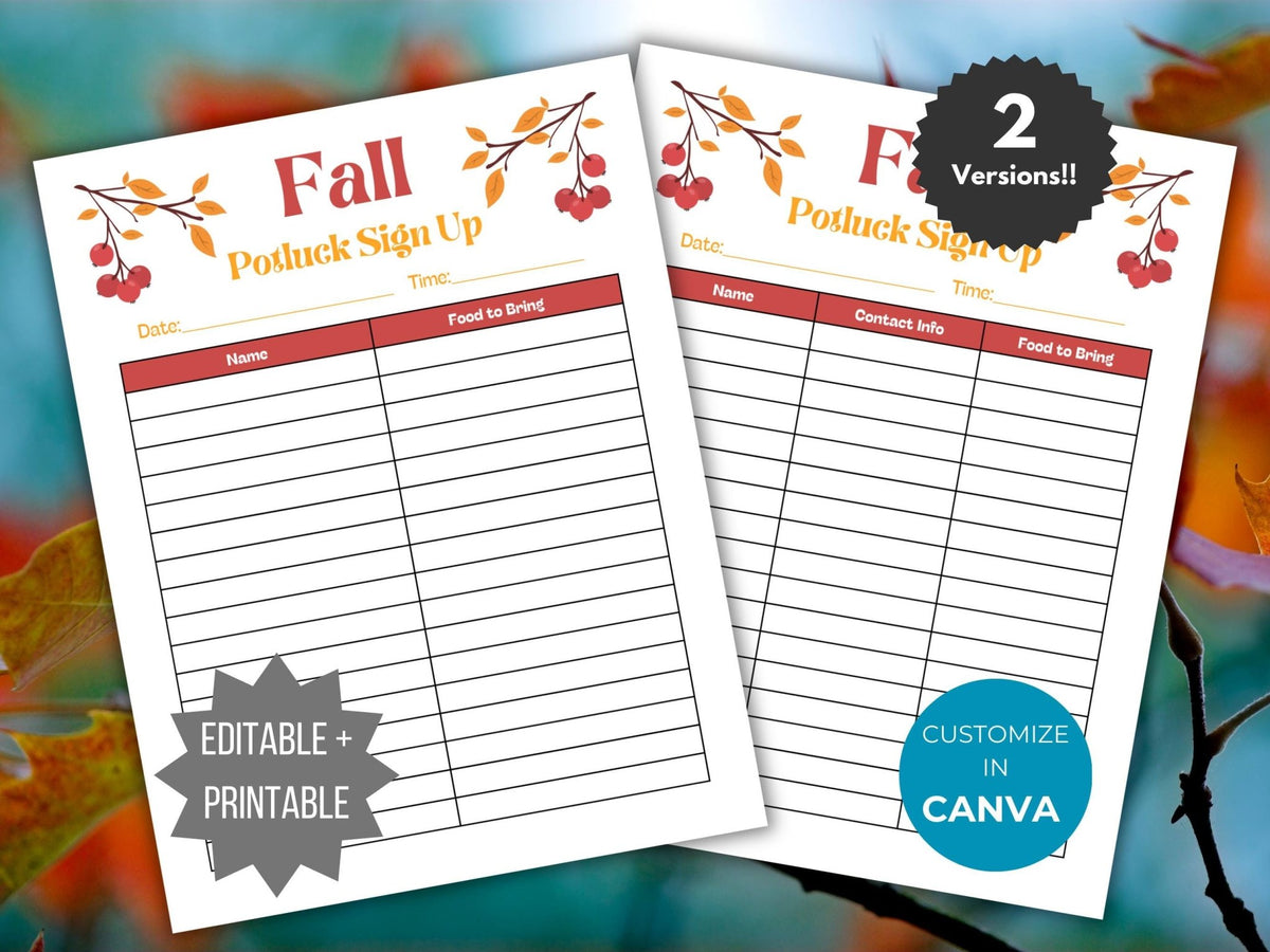 Fall Potluck Sign Fall Potluck Sign Up Sheet Template Bundle – Template My Life | TML Design