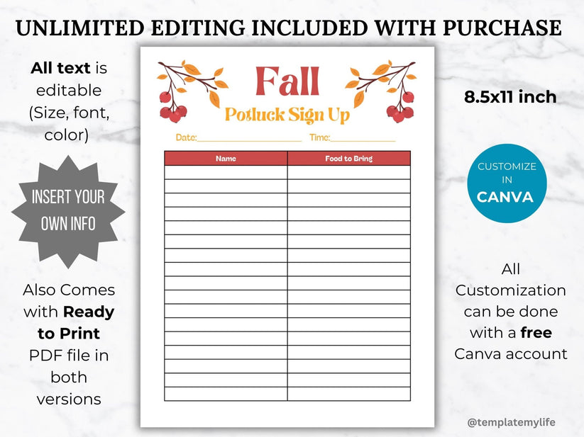 Fall Sign Up Fall Potluck Sign Up Sheet Template Bundle – Template My Life | TML Design