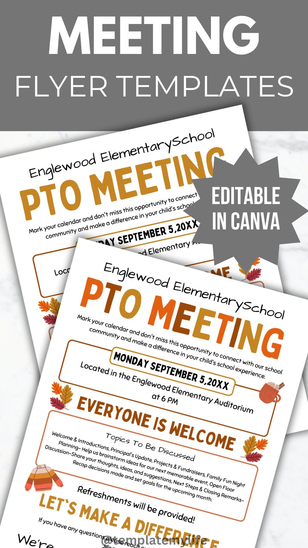 Fall PTA Meeting Flyer Printable PTO Fall Meeting Flyer editable template pta Autumn Meeting flyer pta sign September meeting flyer pto sign