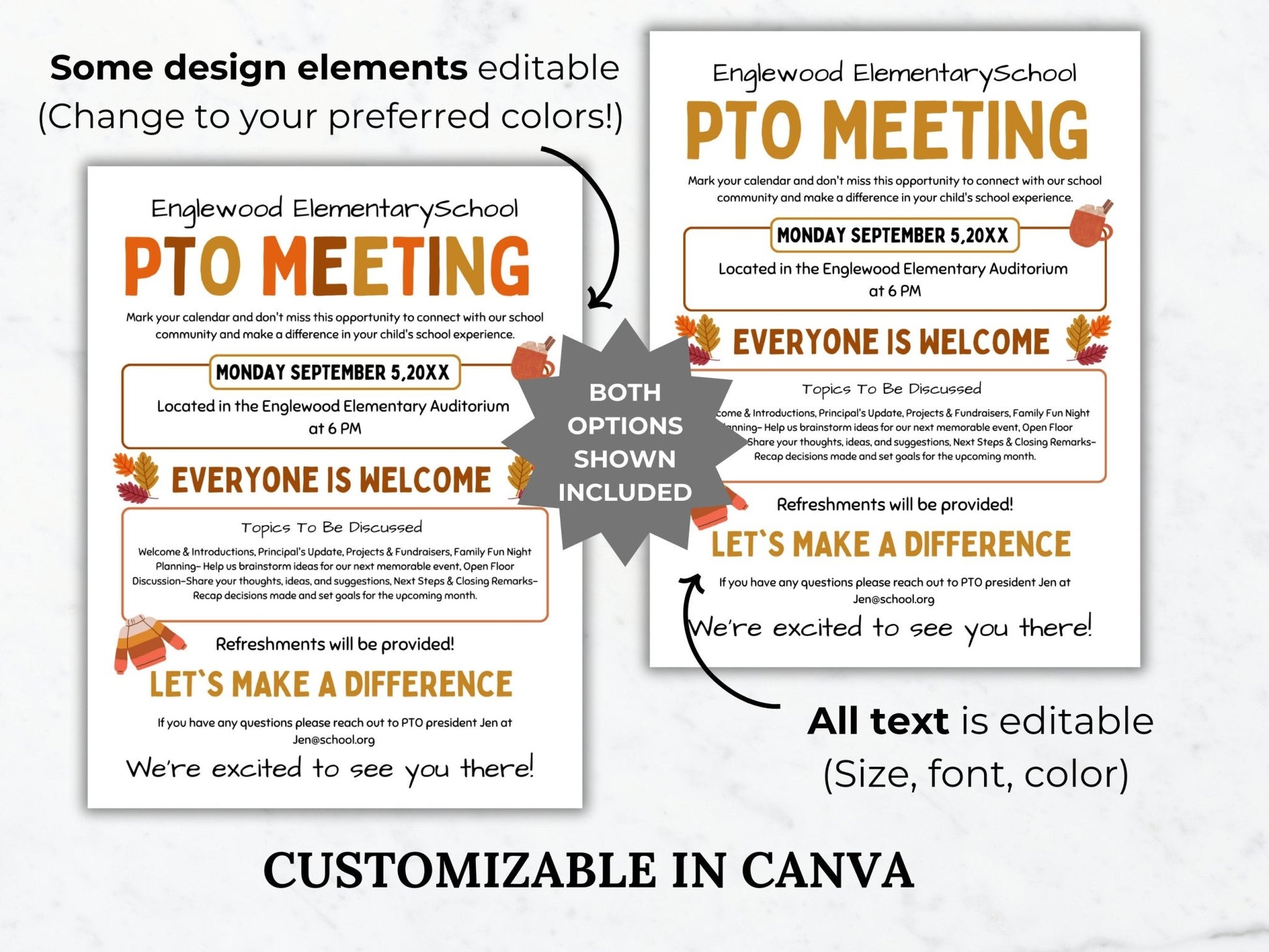 Fall PTA Meeting Flyer Printable PTO Fall Meeting Flyer editable template pta Autumn Meeting flyer pta sign September meeting flyer pto sign