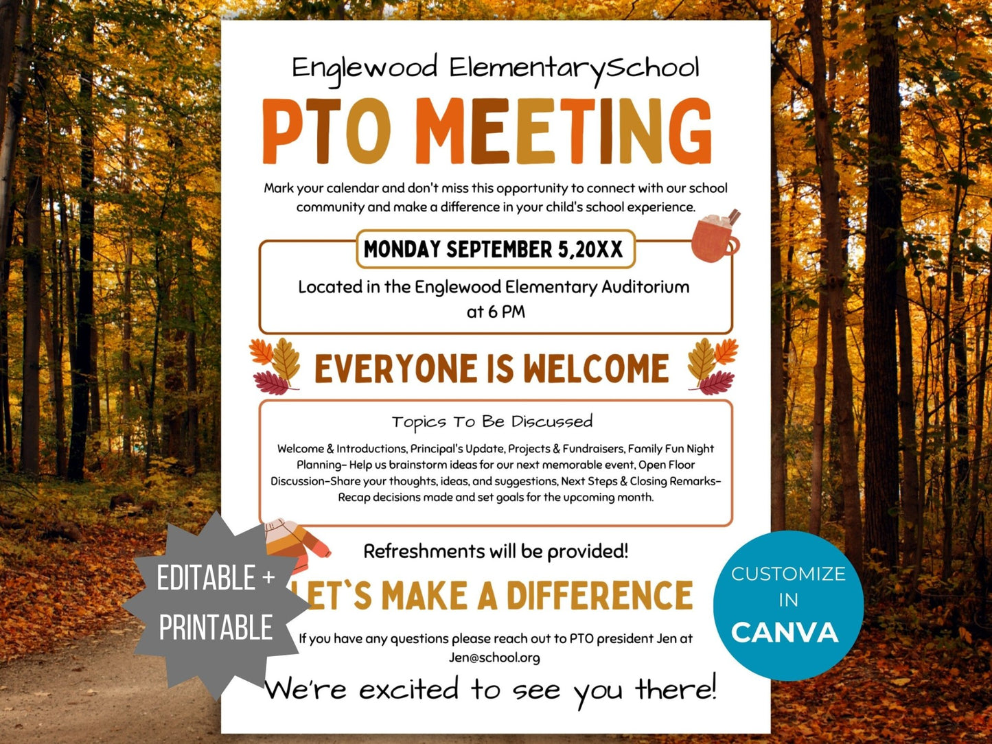 Fall PTA Meeting Flyer Printable PTO Fall Meeting Flyer editable template pta Autumn Meeting flyer pta sign September meeting flyer pto sign