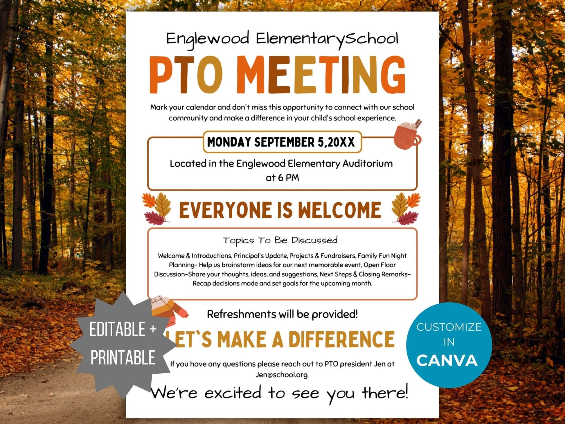 Fall PTA Meeting Flyer Printable PTO Fall Meeting Flyer editable template pta Autumn Meeting flyer pta sign September meeting flyer pto sign