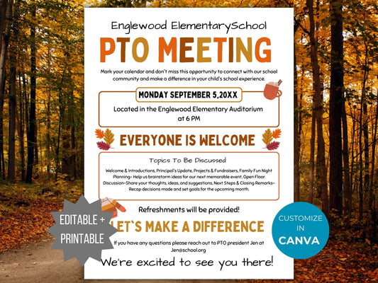 Fall PTA Meeting Flyer Printable PTO Fall Meeting Flyer editable template pta Autumn Meeting flyer pta sign September meeting flyer pto sign