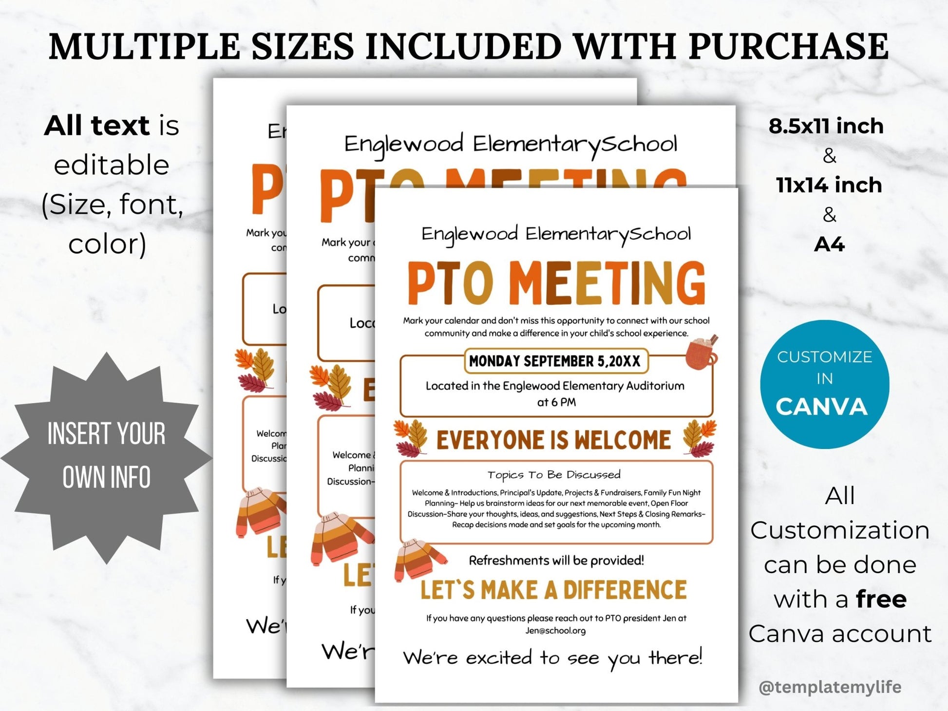 Fall PTA Meeting Flyer Printable PTO Fall Meeting Flyer editable template pta Autumn Meeting flyer pta sign September meeting flyer pto sign